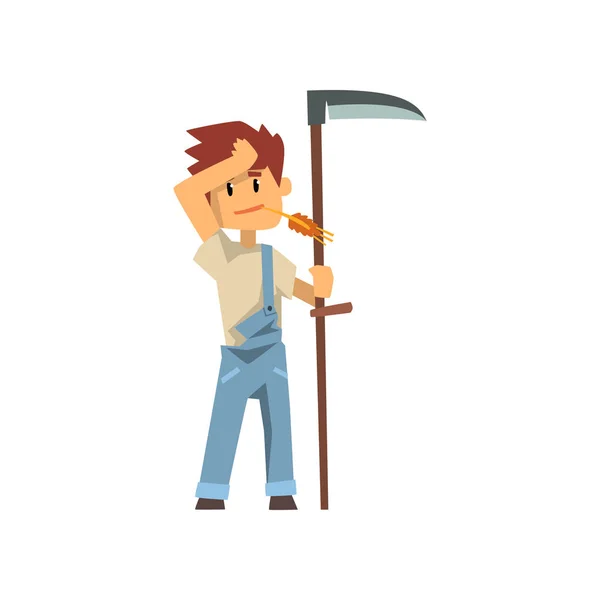 Scythe d'agriculteur mâle pour herbe, ouvrier agricole avec vecteur d'équipement de jardinage Illustration sur fond blanc — Image vectorielle