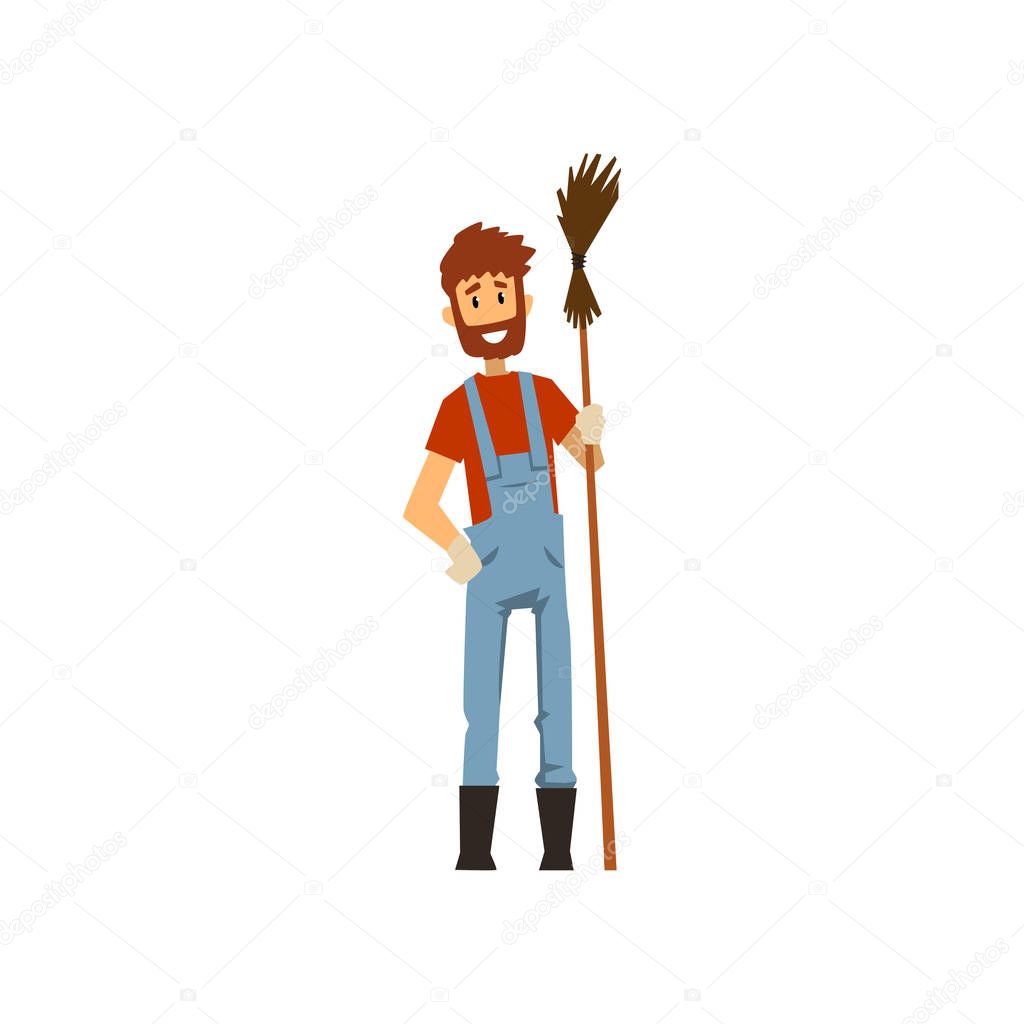 Male farmer with broom, farm worker with gardening tool vector Illustration on a white background