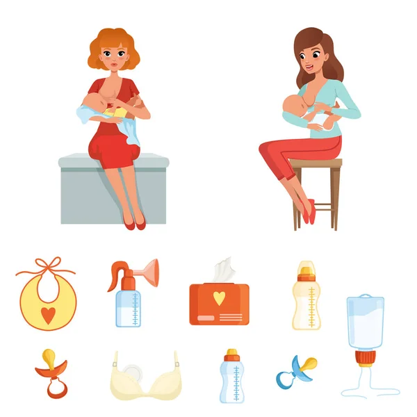 Conjunto de artículos coloridos relacionados con el tema de la lactancia materna. Dos madres jóvenes alimentando a sus bebés recién nacidos. Iconos de vector plano — Archivo Imágenes Vectoriales