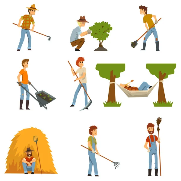 Boeren ingesteld, landarbeiders met tuingereedschap, tuinders op werk vector illustraties op een witte achtergrond — Stockvector