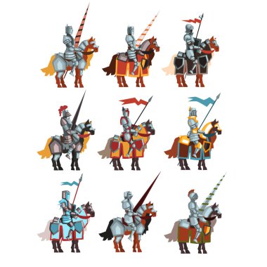 Düz vektör Ortaçağ Şövalyeleri bayrakları ve spears ile sırtında ayarlayın. Çelik parlak zırh'karikatür Kraliyet savaşçıları.
