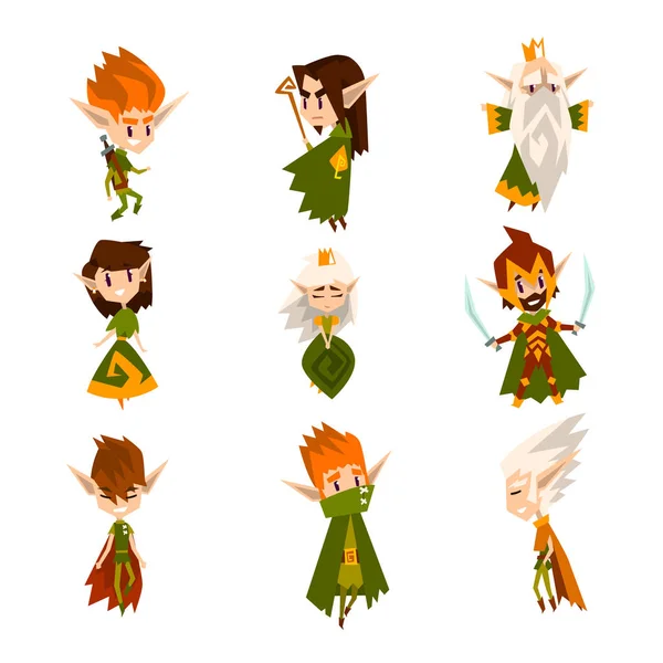 Δάσος Ξωτικών σύνολο, παραμύθι μαγικό χαρακτήρες σε πράσινα ρούχα διανυσματικά εικονογραφήσεις σε λευκό φόντο — Διανυσματικό Αρχείο