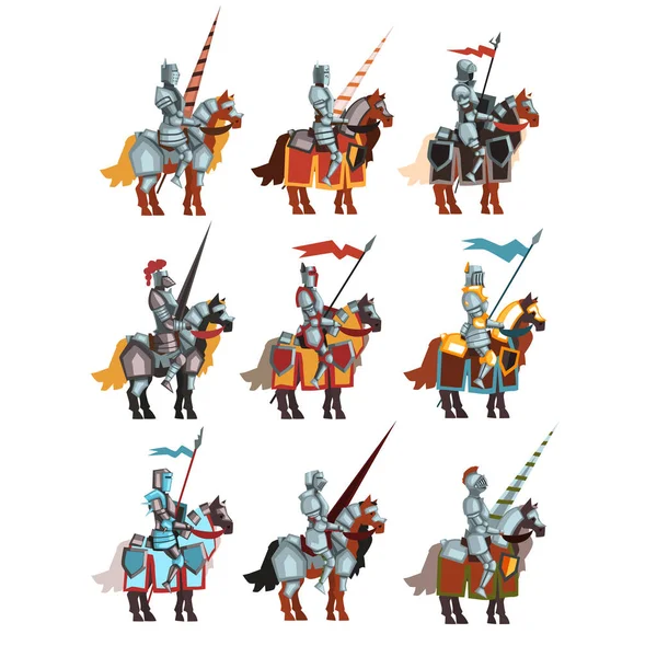 Conjunto vetorial plano de cavaleiros medievais a cavalo com bandeiras e lanças. Guerreiros reais dos desenhos animados em armaduras brilhantes de aço . —  Vetores de Stock