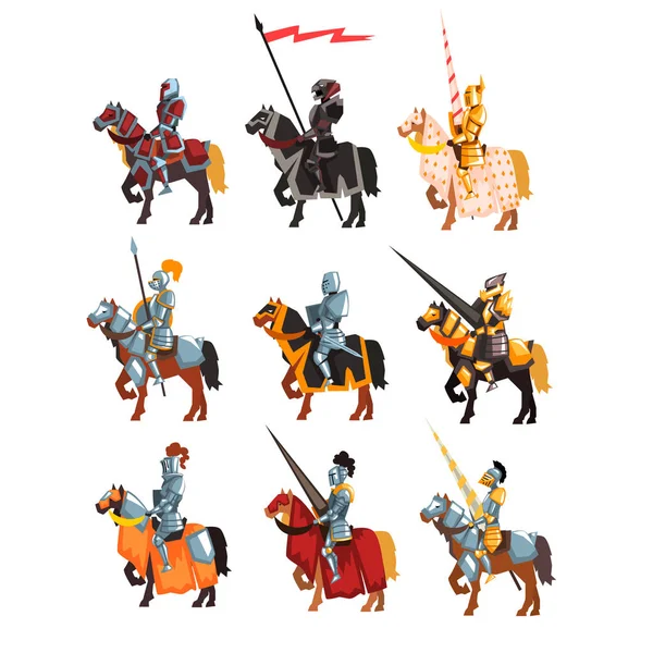 Flat vector set of royal knights in steel shiny armors. Cartoon warriors on horseback with weapon and flag in hands. — Stock Vector