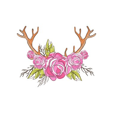 Geyik boynuzları ile pembe Gül çiçek, el ile boynuzları vektör çizim beyaz zemin üzerine çizilen çiçek kompozisyon