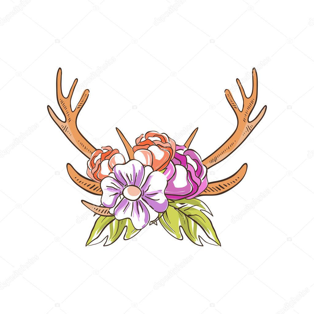 Deer horns with flowers, hand drawn floral composition with antlers vector Illustration on a white background
