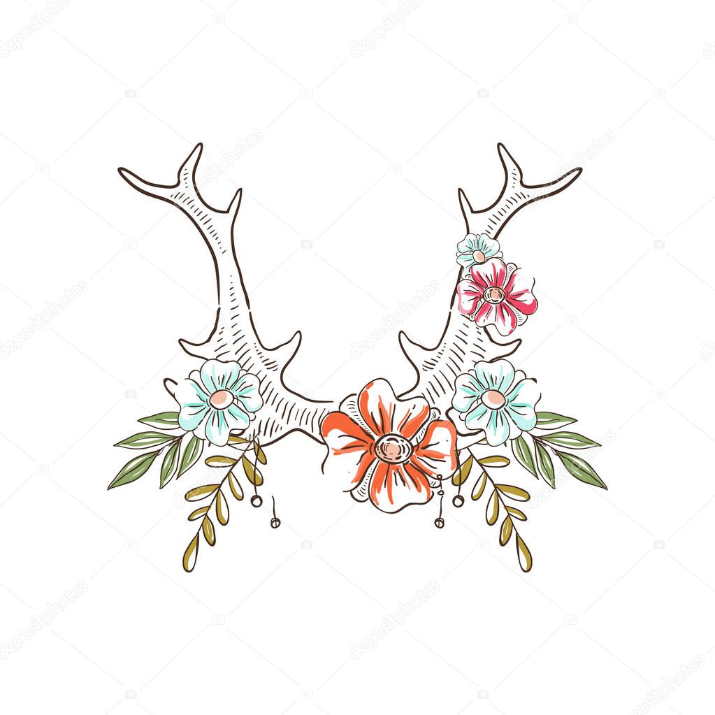 Antlers with flowers and plants, hand drawn floral composition with deer horns vector Illustration on a white background
