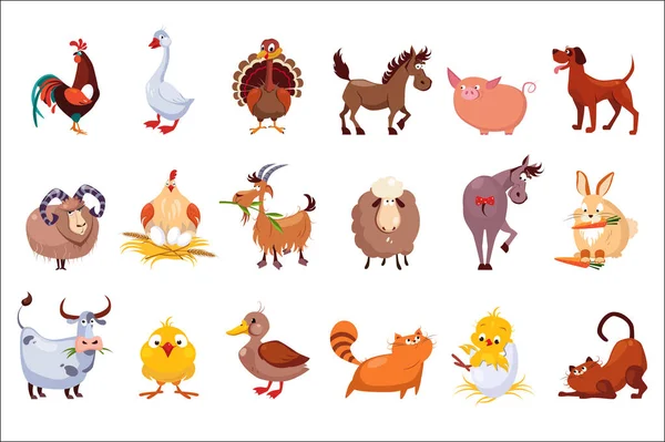 Set boerderijdieren. Vee en pluimvee. Verschillende binnenlandse vogels, paarden, varkens, konijnen, schapen, katten en honden. Kleurrijke platte vector design — Stockvector