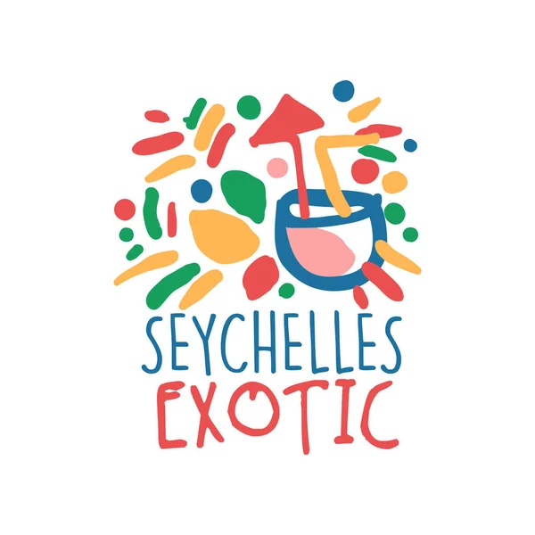 Seychelles isola modello logo design originale, distintivo vacanza estiva esotico, etichetta per un'agenzia di viaggi, elemento per elemento di design per banner, poster, pubblicità disegnato a mano vettore Illustrazione — Vettoriale Stock