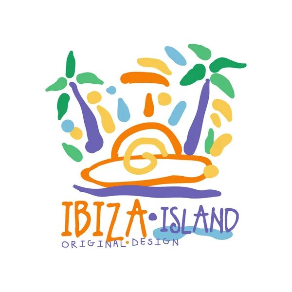 イビサ島のロゴのテンプレート オリジナル デザイン、エキゾチックな夏の休日バッジ、旅行代理店のラベル、バナー、ポスター、チラシ、広告の手描きの背景の図のデザイン要素の要素 — ストックベクタ