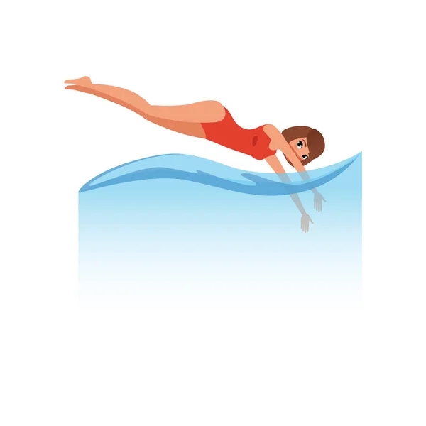 女子穿红色泳装跳入水中, 水上运动活动矢量插图白色背景 — 图库矢量图片