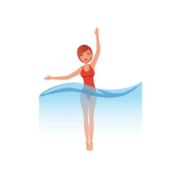 Γυναίκα με κόκκινο μαγιό smimming, νερό αθλητισμού δραστηριότητα διανυσματικά εικονογράφηση σε λευκό φόντο — Διανυσματικό Αρχείο
