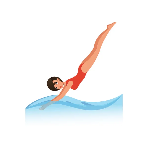 Kırmızı mayo içine su, su spor aktivite vektör çizim beyaz bir arka plan dalış güzel kadın — Stok Vektör