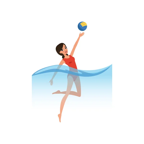 Fiatal nő játszik vízilabda, víz sport tevékenység vektoros illusztráció egy fehér háttér — Stock Vector