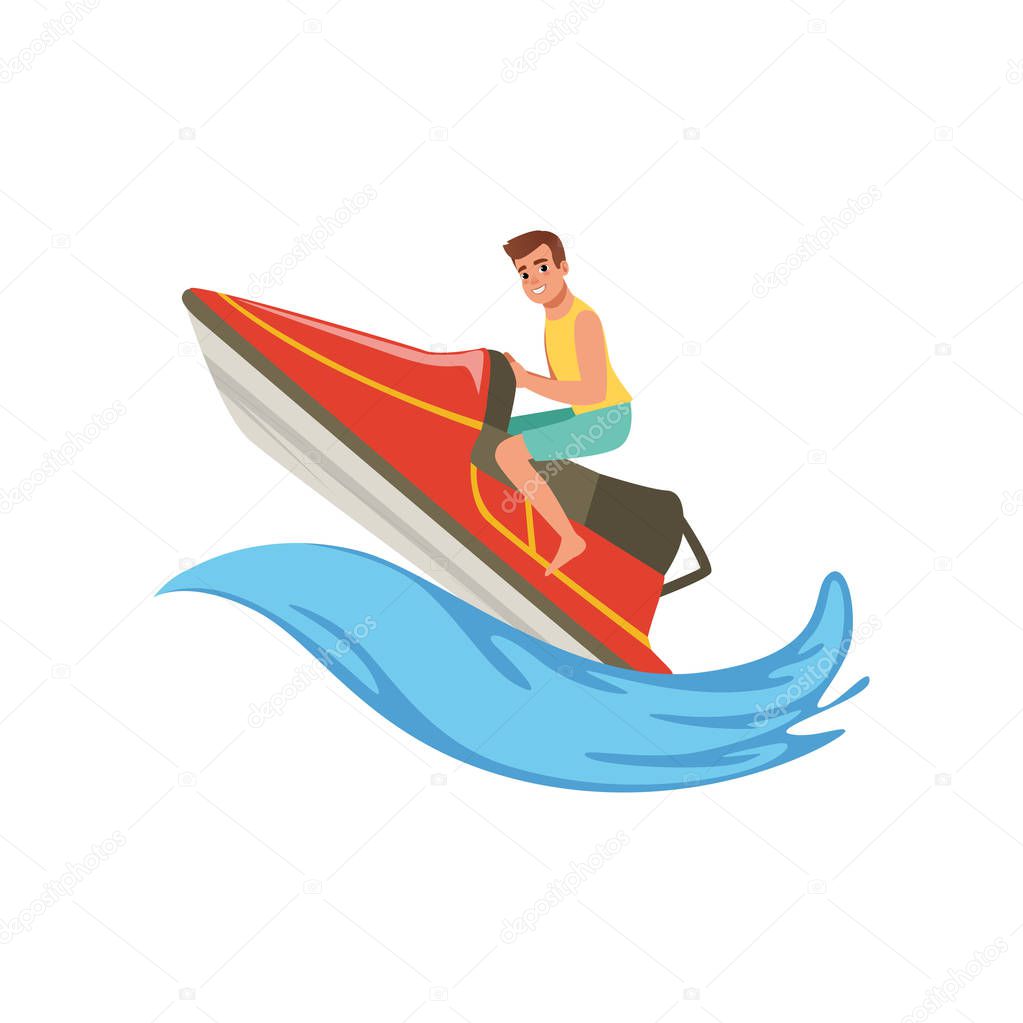 Man on a red water bike jumping over the waves, extreme water sport activity vector Illustration on a white background