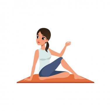 Güzel kadın pratik yoga Yoga spinal büküm pozisyonda oturan kız üzerinde beyaz bir arka plan illüstrasyon vektör