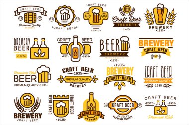 Logos set for brewing company. Vintage linear labels. Emblems with bottles, wheat branches, mugs with beer foam and ribbons. Vector design for pub, bar, brewery or tavern clipart