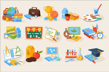 Eğitim için çeşitli okul öğeleri düz vektör kümesi. Kitap, kırtasiye, kara tahta, boyalar, mikroskop, şişeler, Küre, kupa, madalya, büyütme, cam yemek, sırt çantası, bilgisayarlar