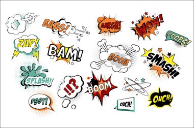 Konuşma baloncuklar pop sanat tarzı metin ile vektör ayarlayın. Çeşitli ses yinelemeleri Bang, Oops, Boom, Zap. Karikatür tasarım öğeleri için çizgi roman kitap ya da hareket eden oyun