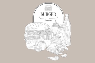 Hamburger, soda, domates, peynir, cips, patates kızartması, şişe ketçap ve hardal
