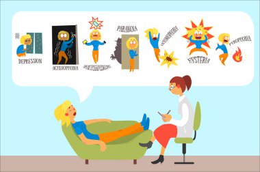 Psikoterapist ile bahseden sorunları ve fobiler depresyon, achluophobia, nomophobia, paranoya, entomophobia, histeri, pyrophobia hakkında kadın. Düz vektör tasarımı