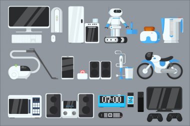 Modern aygıtlar ve araçlarla düz vektör kümesi. Bilgisayar, buzdolabı, fırın, mikrodalga, robot, tost makinesi, elektrikli süpürge, blender, su ısıtıcısı, saat, telefon, oyun çubuğu, ses sistemi