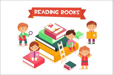 Çocuklar, kitap okuma edebiyat eğitim kavramı keyfi kız ve erkek illüstrasyon vektör
