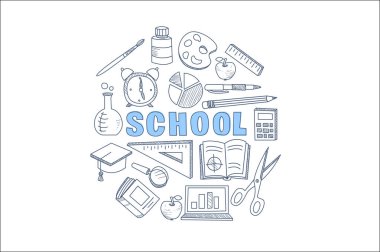 Okul Kırtasiye malzemeleri elle çizilmiş vektör çizim ayarla