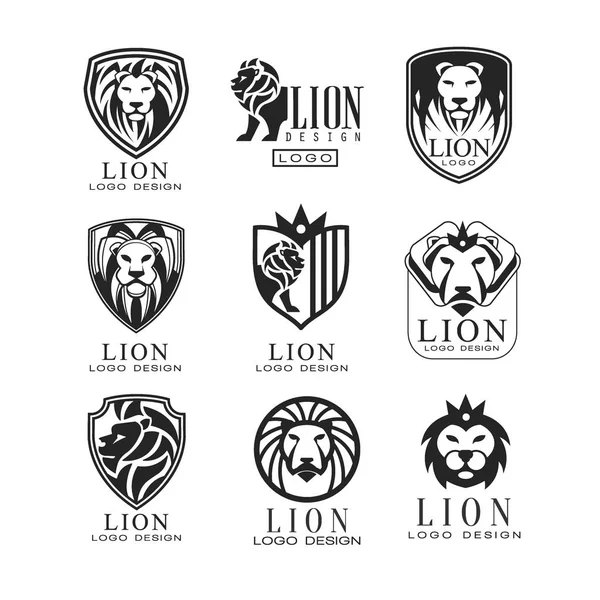 ライオンのロゴ デザイン セット、ポスター、バナー、embem、バッジ、タトゥー、t シャツのデザイン要素印刷、白い背景の上の古典的なヴィンテージスタイル ベクトル イラスト — ストックベクタ