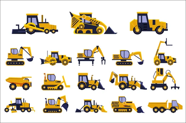 Różne typy budowy samochodów ciężarowych zestaw, ciężkiego sprzętu, pojazdów budowlanych ilustracje wektorowe na białym tle — Wektor stockowy