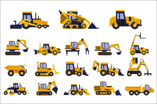 Different types of construction trucks set, heavy equipment, construction vehicles vector Illustrations on a white background