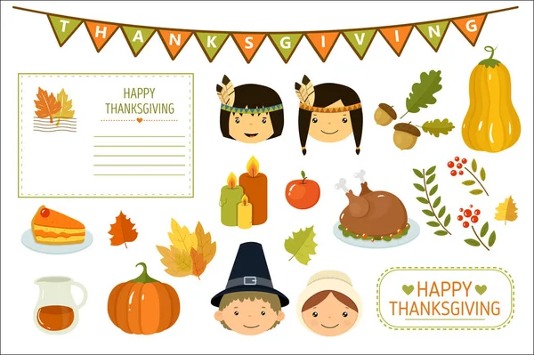 Happy Thanksgiving card, elements of Thanksgiving celebration, American Indian kids, pumpkin, autumn leaves, turkey, candles, party flags vector Illustration — Stock Vector