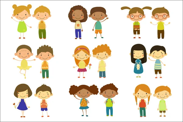 Garçons et filles ensemble, mignon heureux petits enfants vecteur Illustrations sur un fond blanc — Image vectorielle