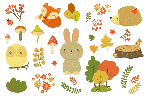 Herfst bos elementen instellen, bos dieren, bladeren, bloemen, champignons cartoon vector illustraties op een witte achtergrond — Stockvector