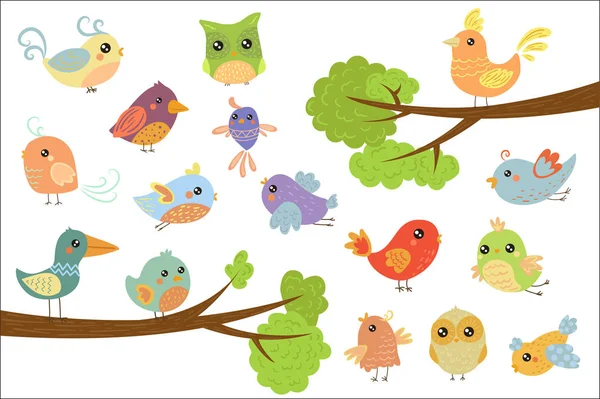 Zestaw znaków ładny ptak, ptaki kolorowy kreskówka latający, śpiewać, siedząc na gałęzi vector ilustracje na białym tle — Wektor stockowy