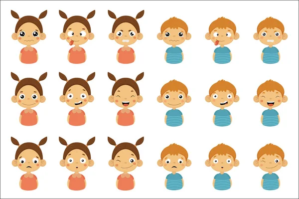 Boys and girls with different emotions set, funny faces of little kids vector Illustrations on a white background — Stock Vector
