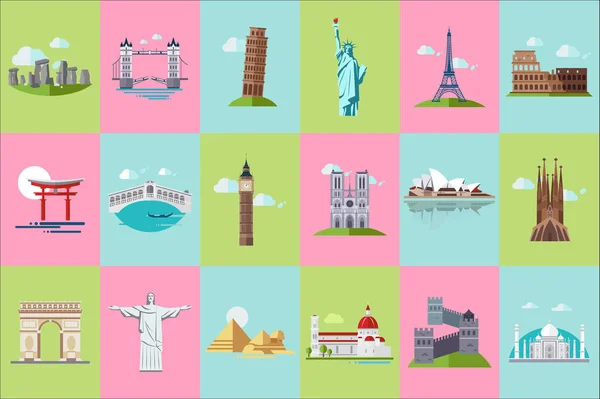 Conjunto de iconos de monumentos arquitectónicos famosos, monumentos históricos de viajes populares y edificios de diferentes países vector Ilustraciones — Archivo Imágenes Vectoriales