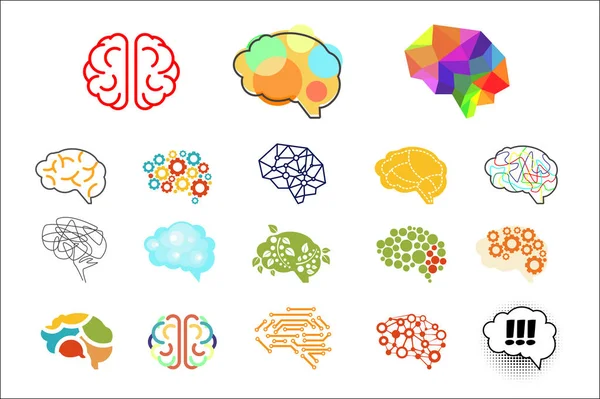Людський мозок у різних стилях. Набір піктограм розуму. Елементи для логотипу, веб-сайту, програми, друку, презентації, рекламного плаката або банера. Барвисті Векторні ілюстрації — стоковий вектор