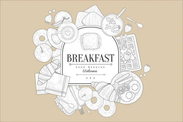 クロワッサン、ベーグル、卵とソーセージ、サンドイッチ、パンのスライス、コーヒー、果物のヴィンテージのスケッチ。カフェやレストランのメニューの手描きベクター デザイン — ストックベクタ
