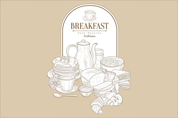 Смачний сніданок і рамка з місцем для тексту. Млинці, чай, сік, хліб, круасан, каша, лимон, яблуко. Вінтажна рука намальована Векторний дизайн для меню кафе або ресторану — стоковий вектор