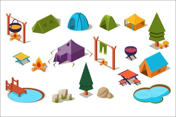 Vector uppsättning isometrisk ikoner för camping. Aktiv fritid. Skog elementet träd, stenar, sjöar, olika tält, Matlagning vid lägerelden. Sommarsemester — Stock vektor