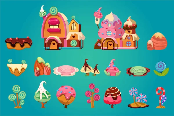 Ensemble vectoriel d'éléments de paysage doux pour ordinateur de fantaisie ou jeu mobile. Candy Land. Maisons en pain d'épice, pierres, diverses plantes et plates-formes. Actifs de jeu — Image vectorielle