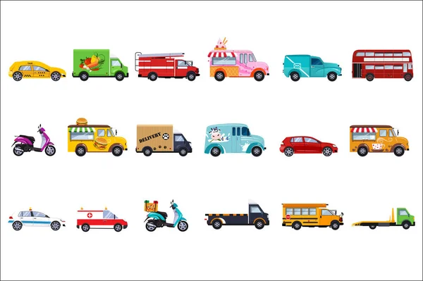 Conjunto de vectores planos de vehículos de servicio. Coche de policía, taxi, camión de bomberos, ambulancia, camión de reparto, autobús turístico y escolar, helado, comida rápida y furgonetas de café — Vector de stock