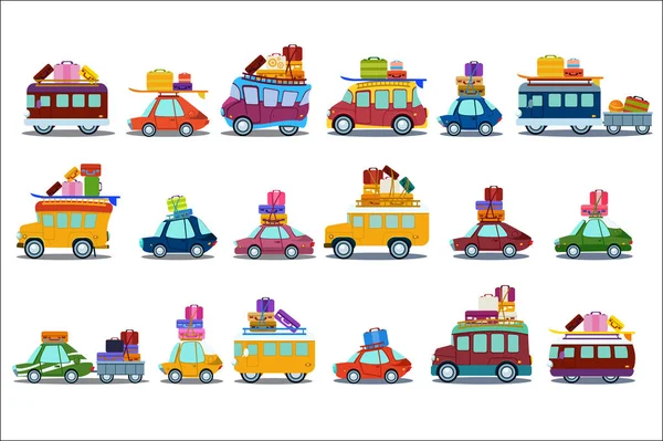 Platte vector set van kleurrijke auto's, bussen en bestelwagens. Mensen gaan op zomervakantie of verhuizen naar een nieuwe plek. Vervoer met bagage op het dak. Elementen voor de website of poster — Stockvector