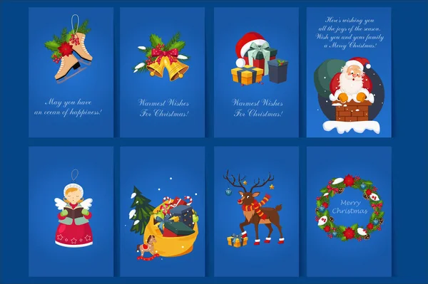 Flache Vektor-Set mit 8 Grußkarten für Weihnachten und Neujahr. Postkarten mit Glückwünschen, Glocken, Geschenken, Weihnachtsmann im Schornstein, Hirsch, Spielzeugengel, Schlittschuhen, Geschenktüte — Stockvektor