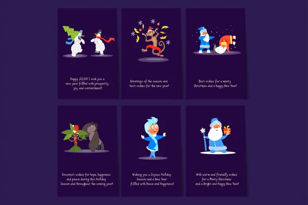 Mutlu Noeller ve mutlu yeni yıl düz vektör kartları kümesi. Renkli Kartpostal kardan adamlar, maymun, Noel Baba, kar kızlık ve goril. Komik çizgi film karakterleri — Stok Vektör