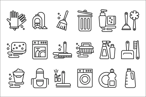 Vector set of linear icons on cleaning theme. Objects for housekeeping gloves, broom, hoover, mop and bucket. Elements for mobile app, website, cleaning company — Stock Vector