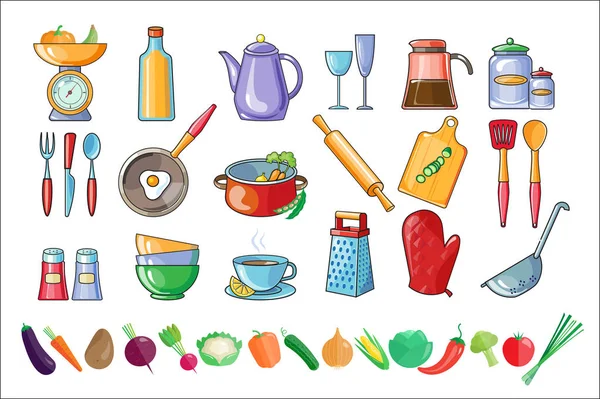 Vector conjunto de utensilios de cocina y verduras frescas. Herramientas e ingredientes para cocinar. Bebidas y comida casera tema. Coloridos iconos detallados — Archivo Imágenes Vectoriales