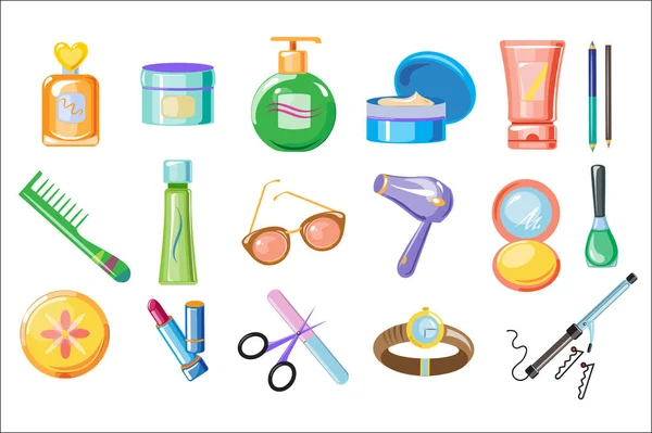 Aantal vrouwen accessoires, huidverzorging en hygiëne producten. Badkamer cosmetica, parfum, kam, zonnebril, lippenstift, horloge. Cartoon platte vector design — Stockvector