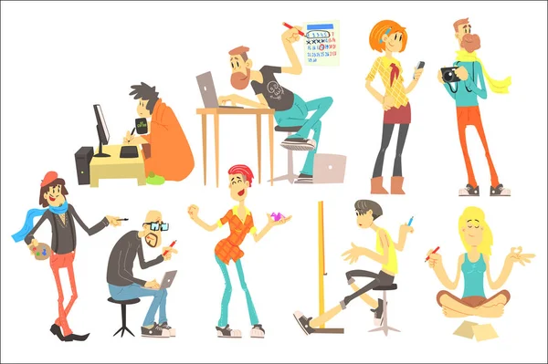 Conjunto de vector plano de personas creativas de dibujos animados. Programador, artista, ilustrador, diseñador, fotógrafo, escritor, modelo, freelancer. Hombres y mujeres jóvenes — Vector de stock